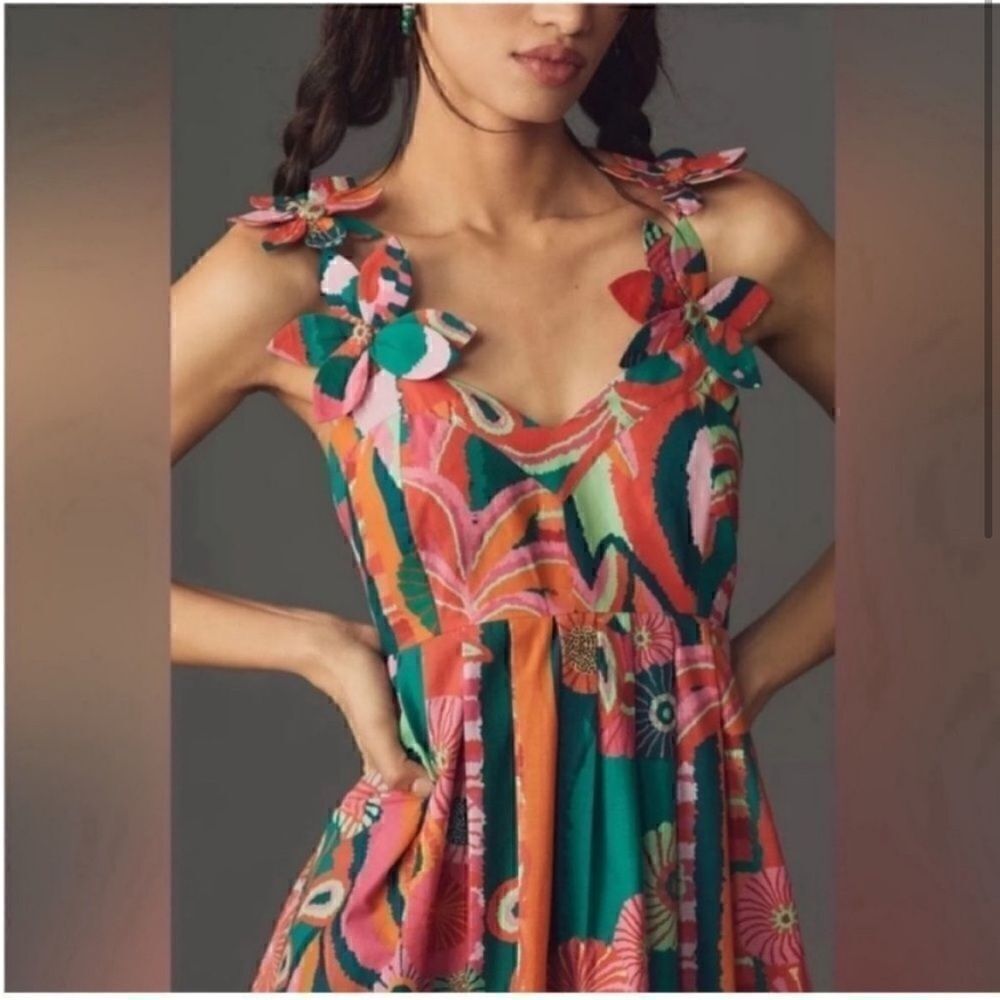 NEW Farm Rio x Anthropologie Pleated Palm Cutout Midi Dress Medium - Picture 2 of 8